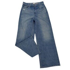 High-Waisted Wide-Leg Denim Jeans With Distressed Details, Button Closure Size 6